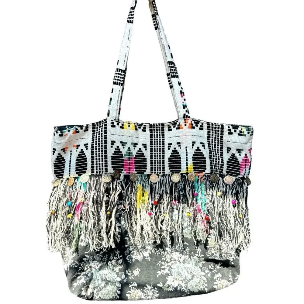 AMERICA & BEYOND Women's Cotton Floral Fringe Medallion Boho Tote Bag Black